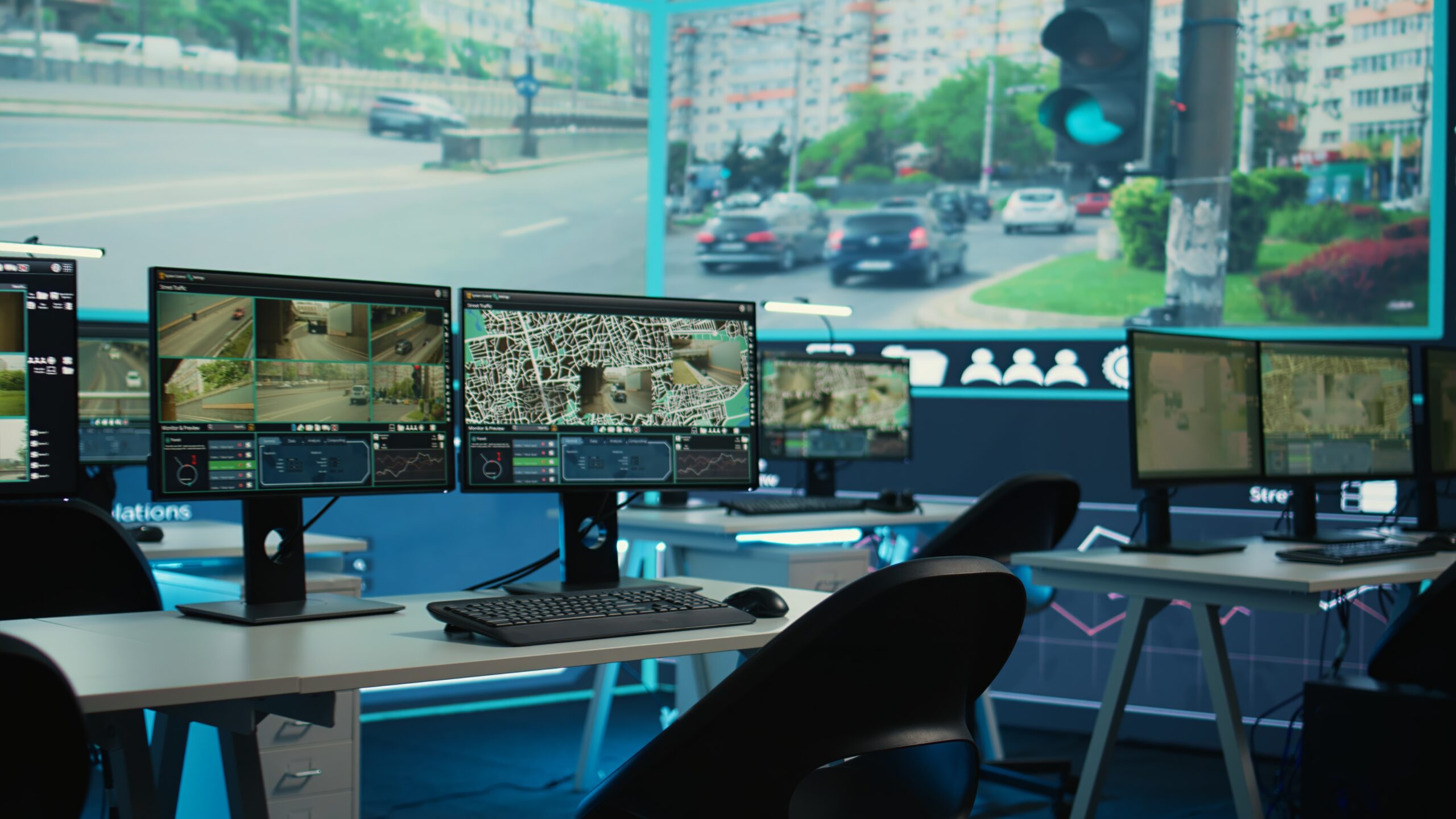 Government satellite CCTV system in monitoring room with traffic surveillance