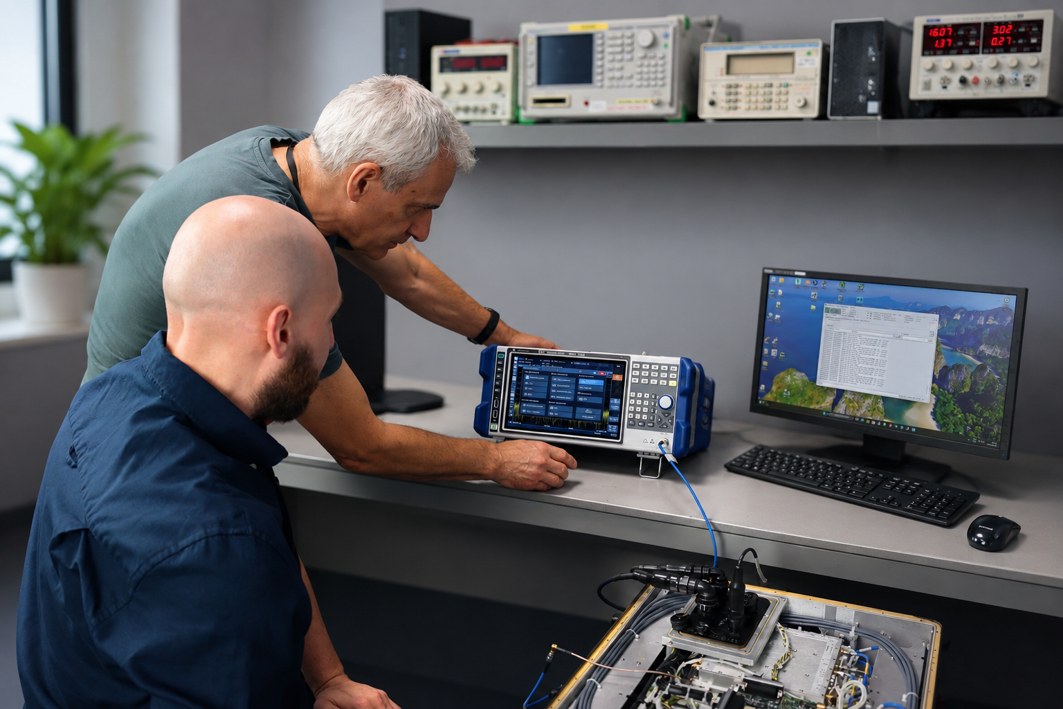 Engineers testing radars during production